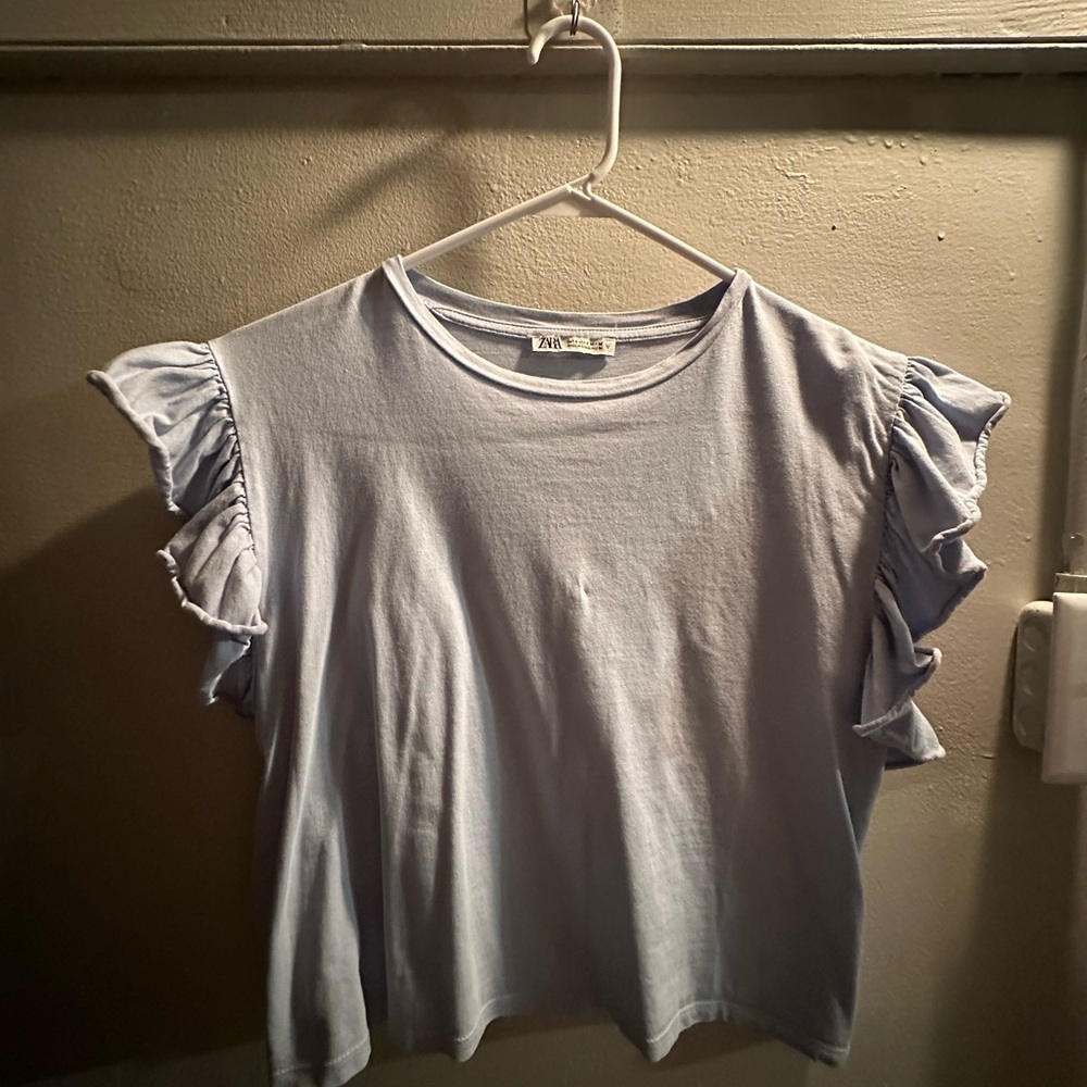 Zara Soft Blue Ruffle Sleeve Tee
